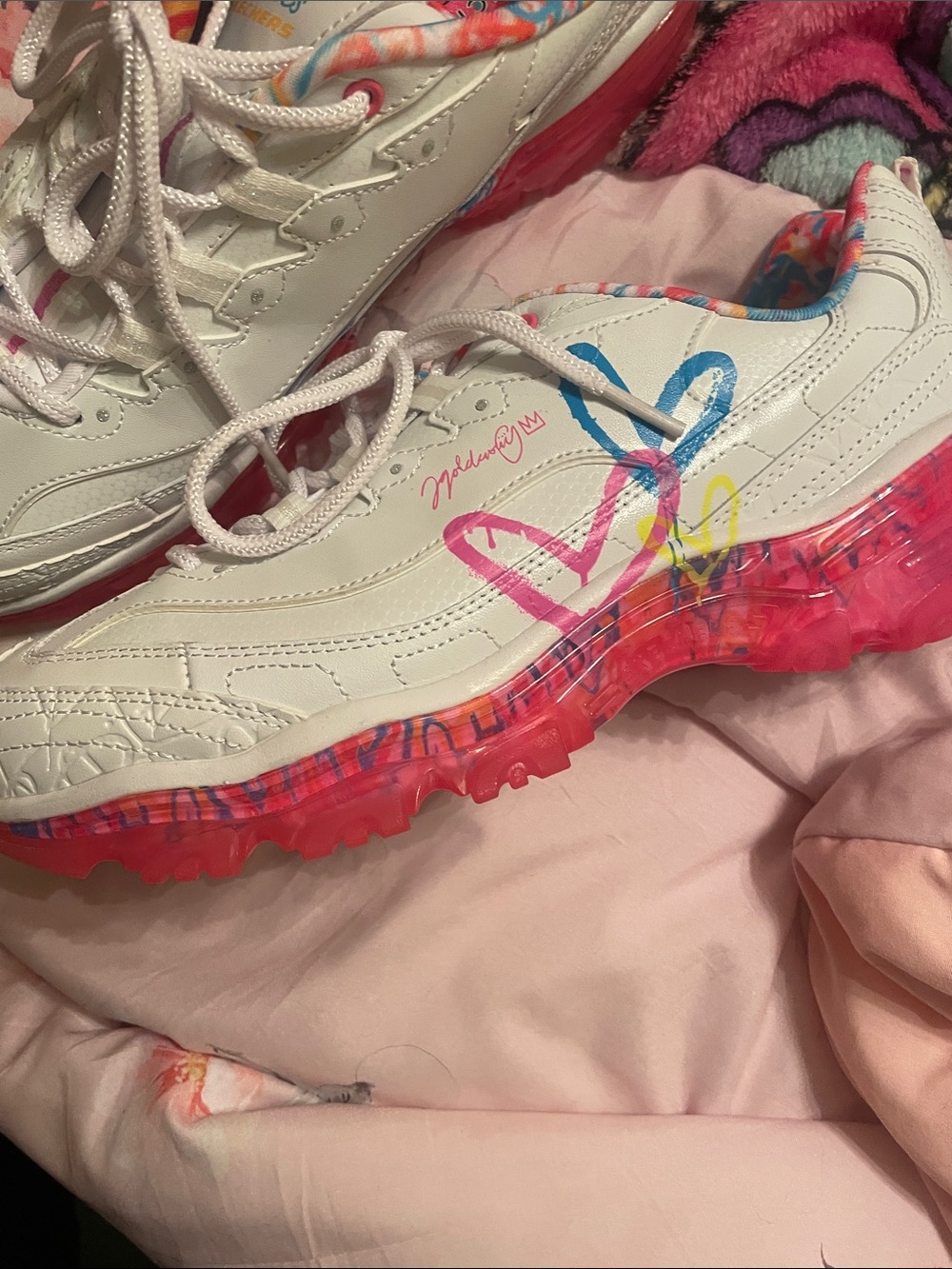 Skechers White Lace-Up Sneakers with Pink & Multicolor Trim - Picture 3 of 5